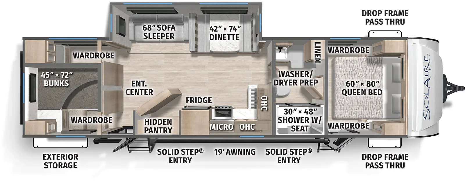 The SolAire Ultra Lite 3150TBSS floorplan has two entries and one slide out. Exterior features include: fiberglass exterior and 19' awning. Interiors features include: bunk beds, front bedroom and pass through bathroom.